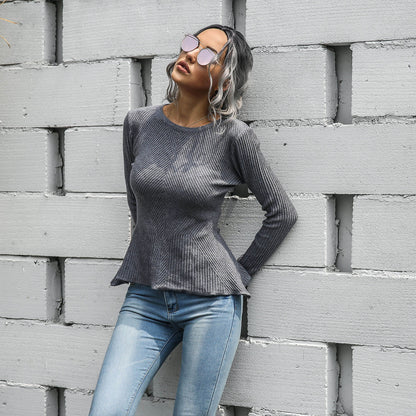 Ruffled Knit Slim-type Round Neck Sweaters