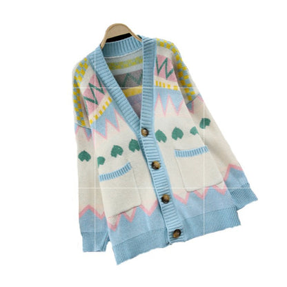 Argyle Pattern Geometry Contrast Color Cardigan Knit Sweater Outerwear