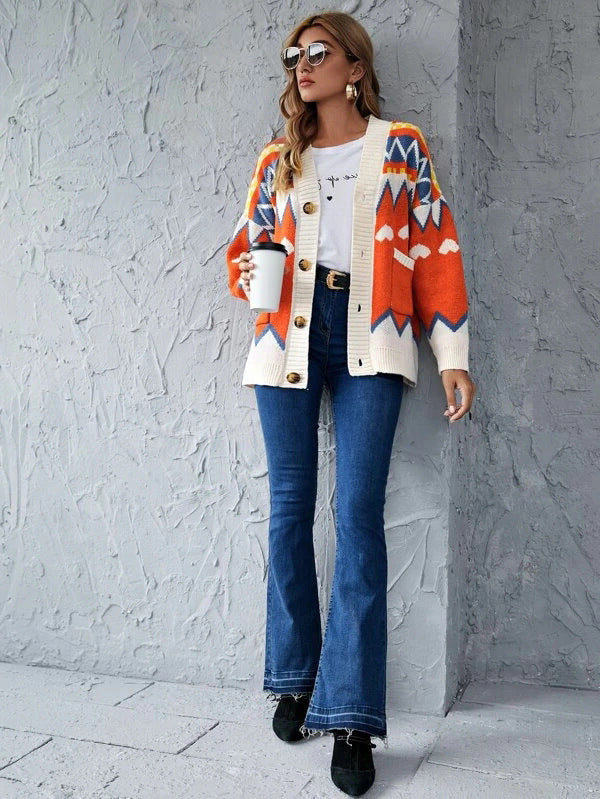Argyle Pattern Geometry Contrast Color Cardigan Knit Sweater Outerwear