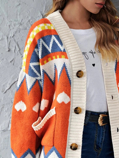Argyle Pattern Geometry Contrast Color Cardigan Knit Sweater Outerwear