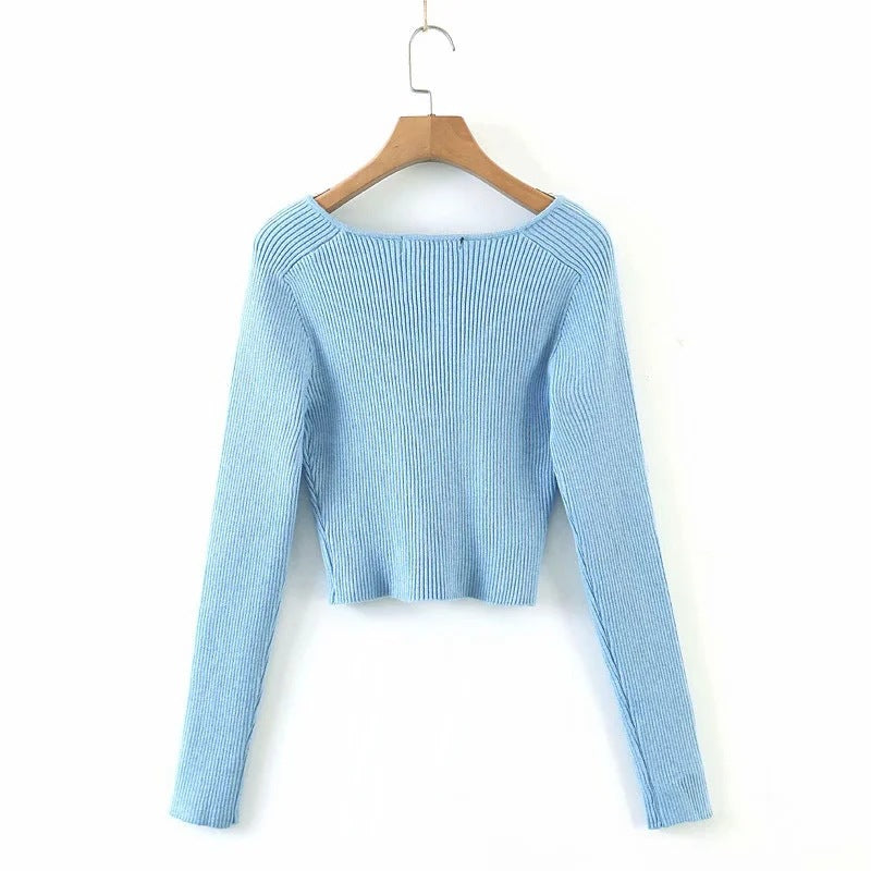 Heart Shape Collar Knit Crop Tops Vintage Sweaters Blouses