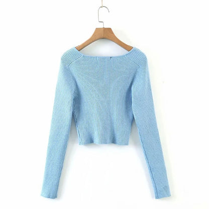 Heart Shape Collar Knit Crop Tops Vintage Sweaters Blouses