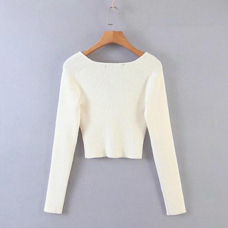 Heart Shape Collar Knit Crop Tops Vintage Sweaters Blouses