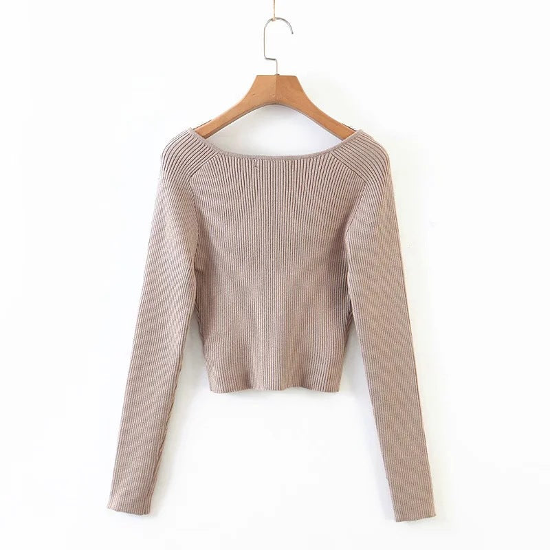Heart Shape Collar Knit Crop Tops Vintage Sweaters Blouses
