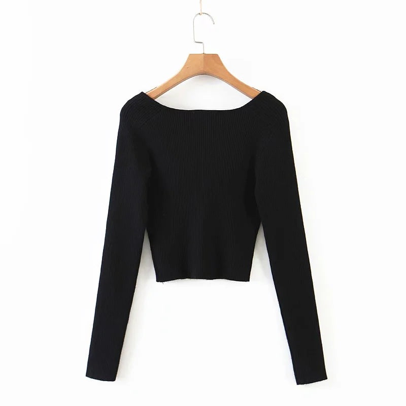 Heart Shape Collar Knit Crop Tops Vintage Sweaters Blouses