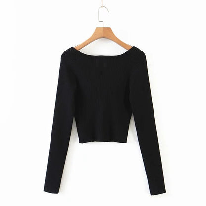 Heart Shape Collar Knit Crop Tops Vintage Sweaters Blouses