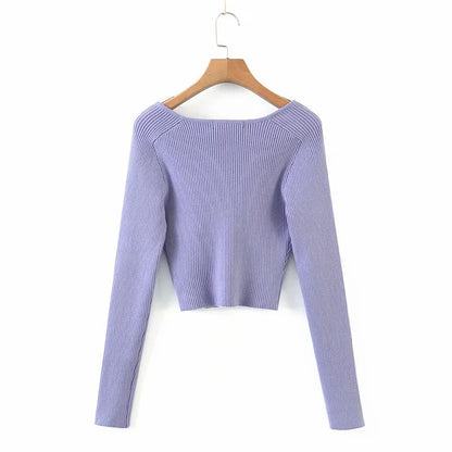 Heart Shape Collar Knit Crop Tops Vintage Sweaters Blouses