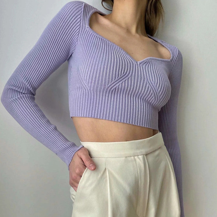 Heart Shape Collar Knit Crop Tops Vintage Sweaters Blouses