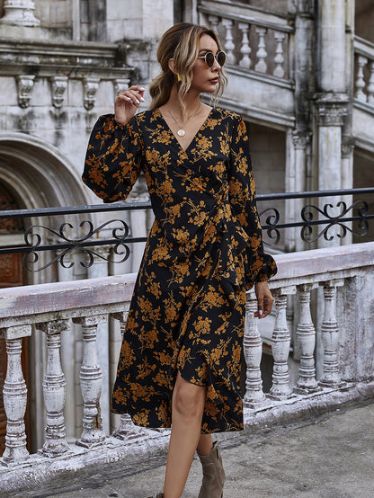 Ruffled V-neck Floral Puff Sleeve Midi Dresses