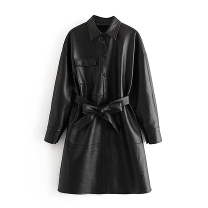 Lapel Collar Leather Single-breasted Outerwear Belted Coat
