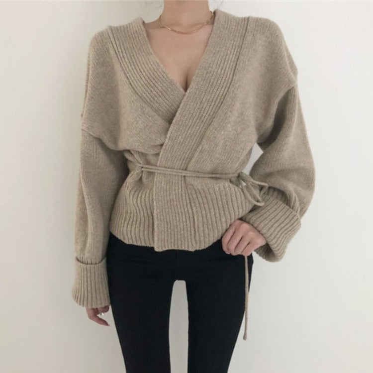 V-neck Lace-up Pit Striped Splicing Sweaters