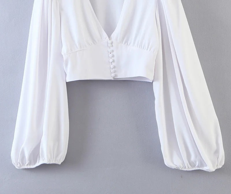 Vintage V-neck Loose Lantern Sleeve Single-breasted Blouse