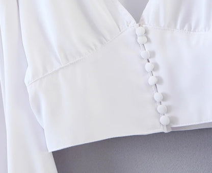 Vintage V-neck Loose Lantern Sleeve Single-breasted Blouse