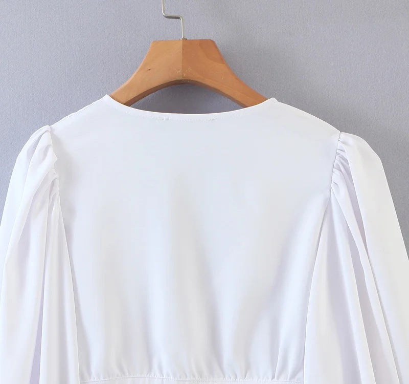 Vintage V-neck Loose Lantern Sleeve Single-breasted Blouse