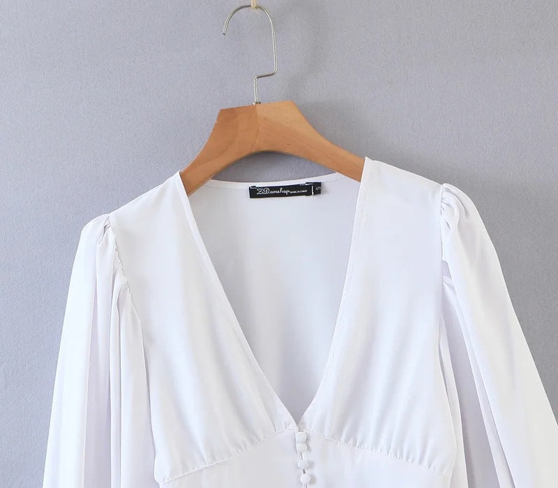 Vintage V-neck Loose Lantern Sleeve Single-breasted Blouse