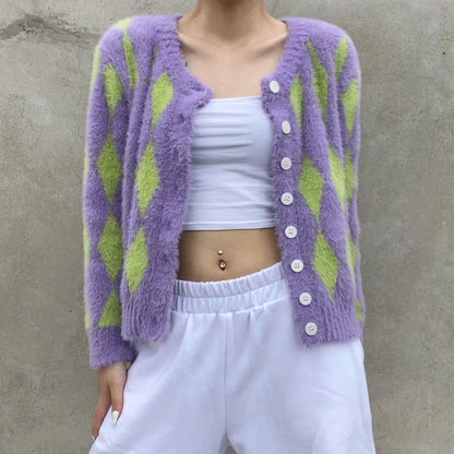 Knit Contrast Single-breasted Argyle Pattern Cardigans