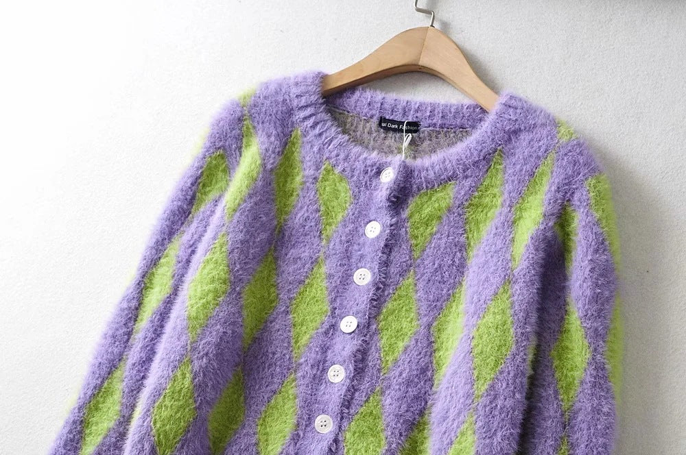 Knit Contrast Single-breasted Argyle Pattern Cardigans