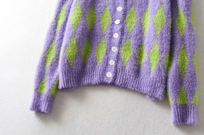 Knit Contrast Single-breasted Argyle Pattern Cardigans