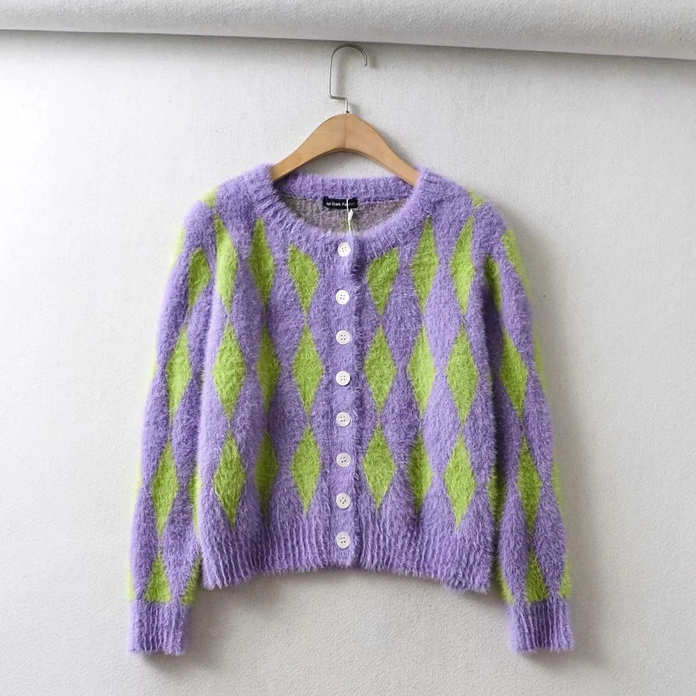 Knit Contrast Single-breasted Argyle Pattern Cardigans
