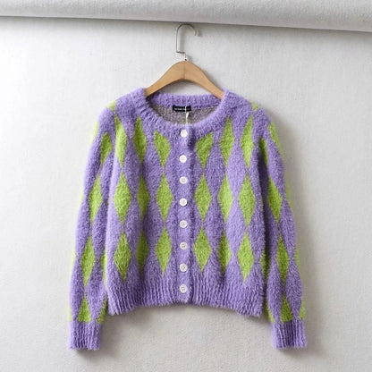 Knit Contrast Single-breasted Argyle Pattern Cardigans