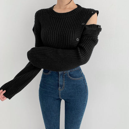 Stripe Button Strapless Splicing Knit Sweater
