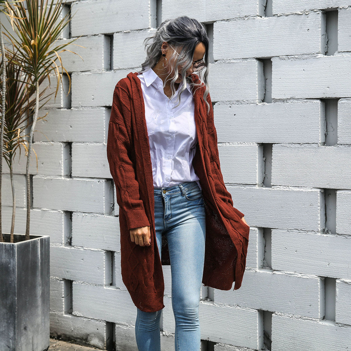 Knit V-neck Argyle Pattern Hooded Cardigans