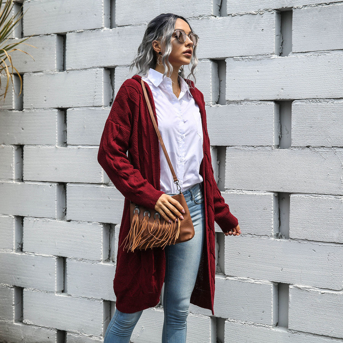 Knit V-neck Argyle Pattern Hooded Cardigans