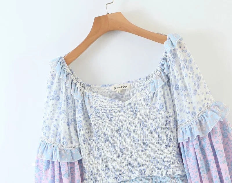 Ruffled Lantern Sleeve Splicing Backless Mini Floral Dresses