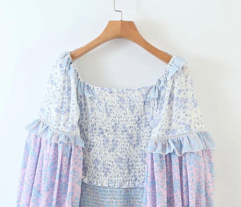Ruffled Lantern Sleeve Splicing Backless Mini Floral Dresses