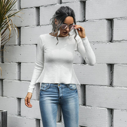 Ruffled Knit Slim-type Round Neck Sweaters