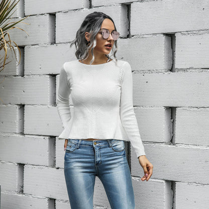 Ruffled Knit Slim-type Round Neck Sweaters