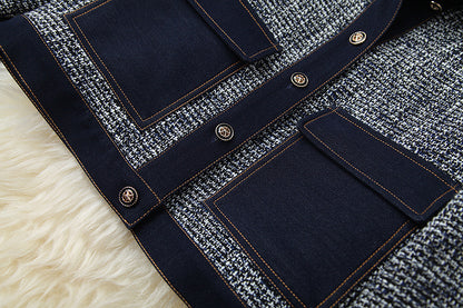 Blue Splicing Denim Single-breasted Coat Skirt Two-piece Set