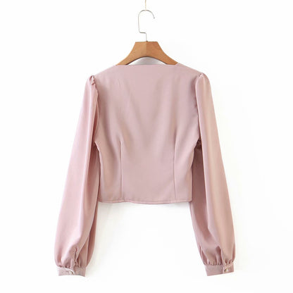 Square Collar Single-breasted Lantern Sleeve Shirts Blouses