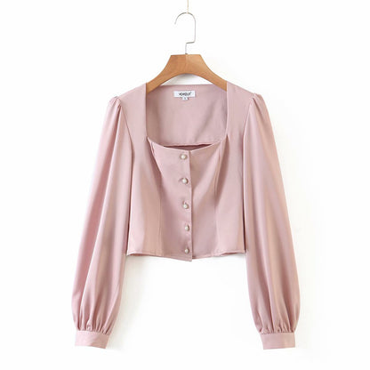 Square Collar Single-breasted Lantern Sleeve Shirts Blouses