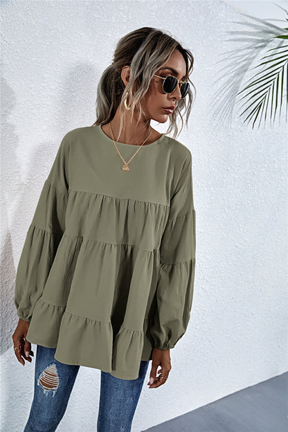 Round Neck Lantern Elastic Bubble Sleeve Blouses