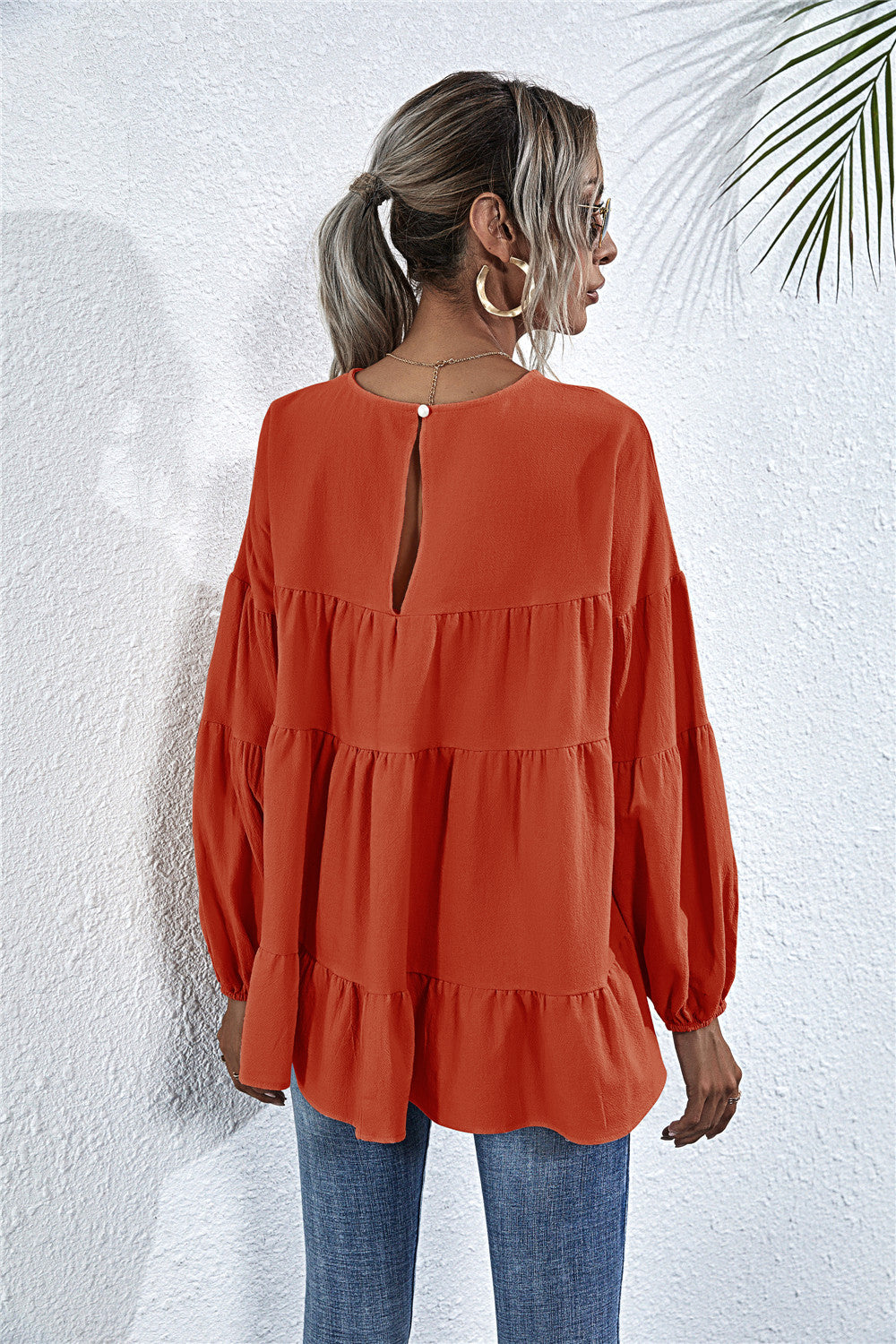 Round Neck Lantern Elastic Bubble Sleeve Blouses
