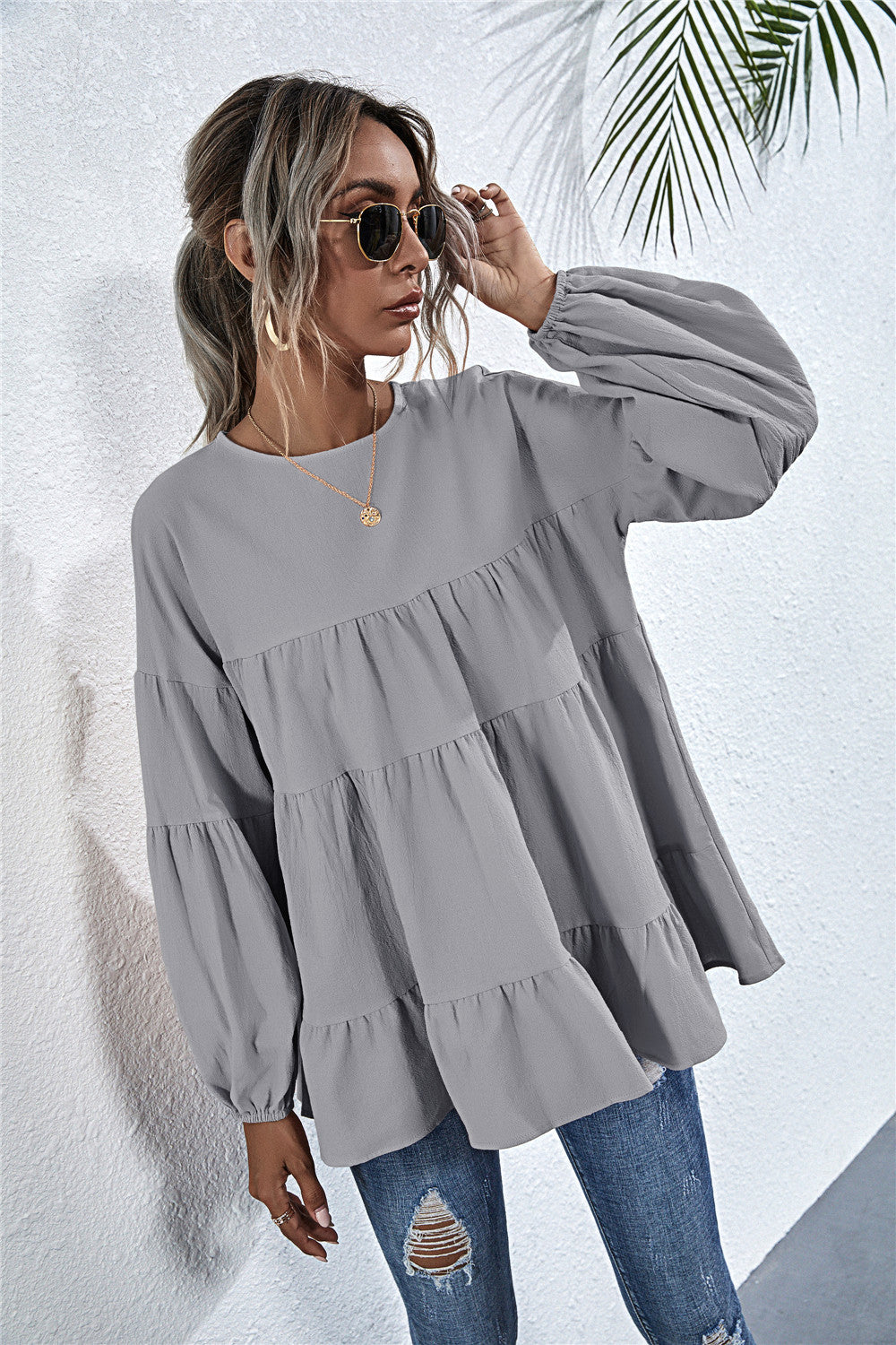 Round Neck Lantern Elastic Bubble Sleeve Blouses