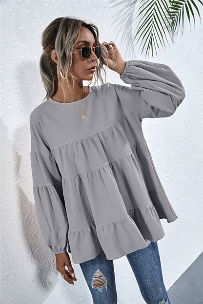Round Neck Lantern Elastic Bubble Sleeve Blouses