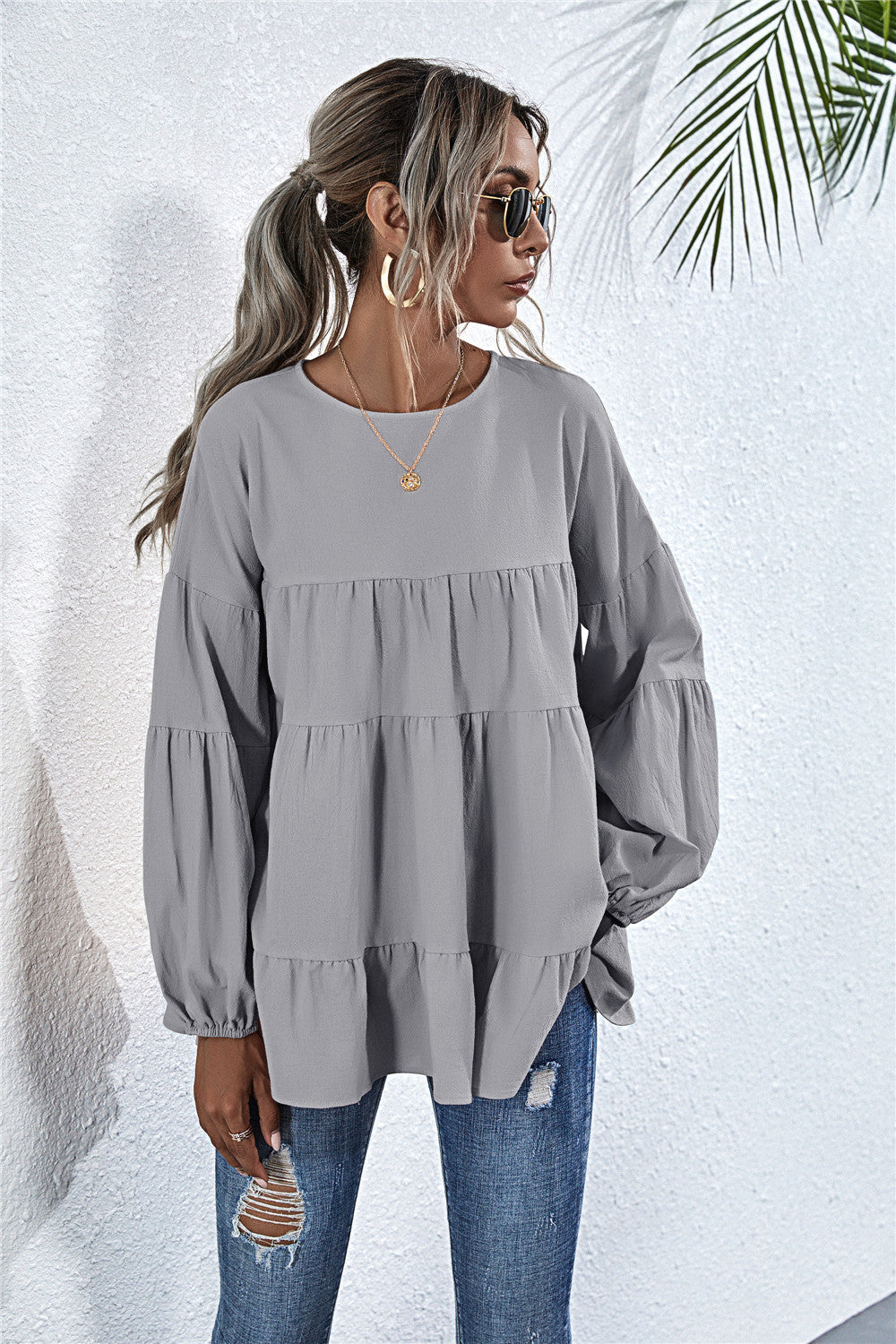 Round Neck Lantern Elastic Bubble Sleeve Blouses