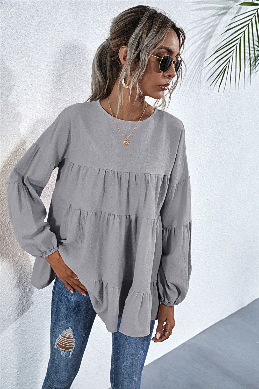 Round Neck Lantern Elastic Bubble Sleeve Blouses