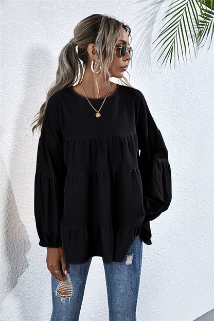Round Neck Lantern Elastic Bubble Sleeve Blouses
