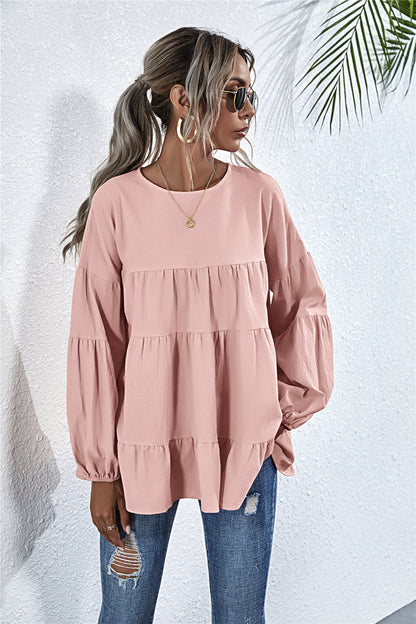 Round Neck Lantern Elastic Bubble Sleeve Blouses