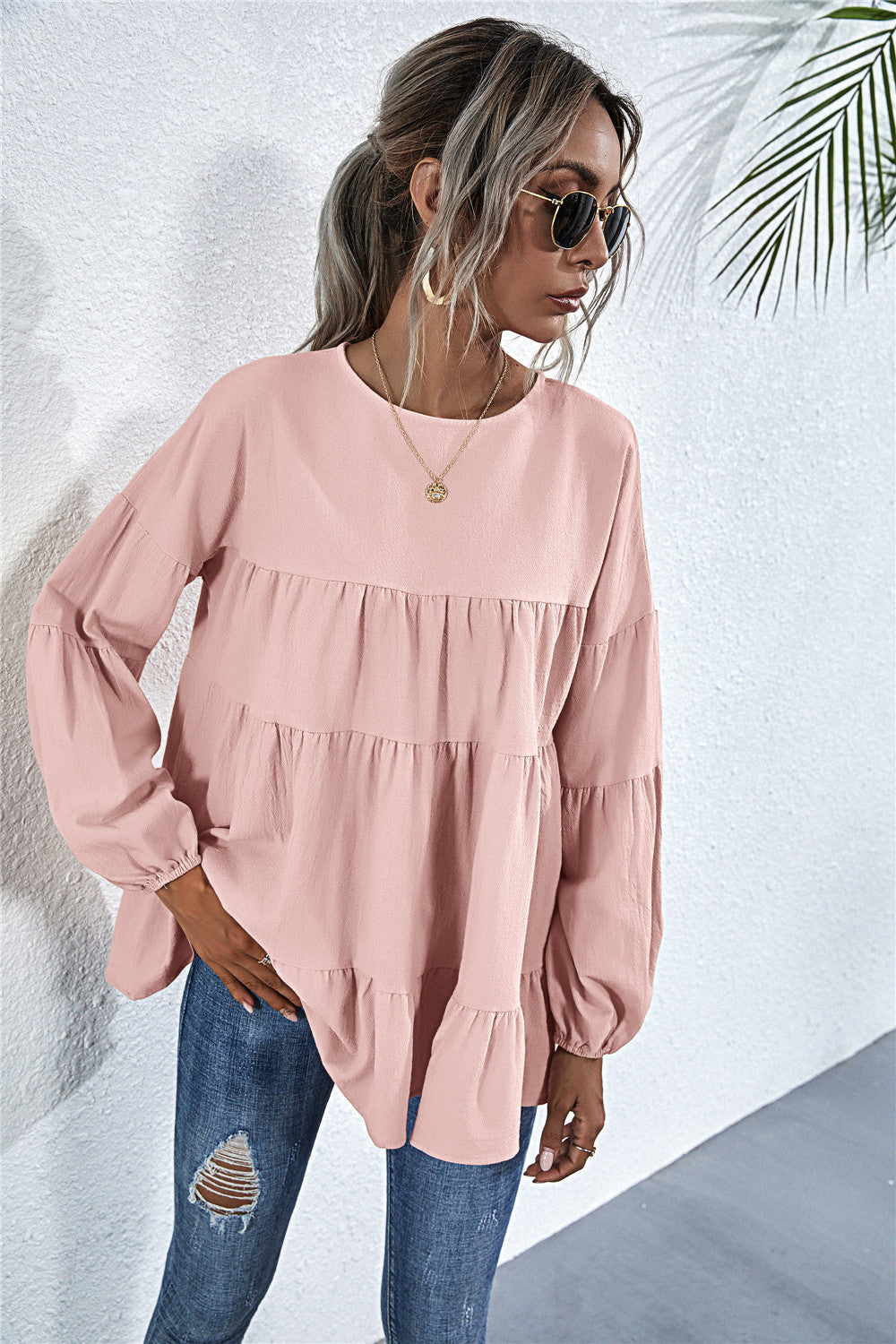 Round Neck Lantern Elastic Bubble Sleeve Blouses