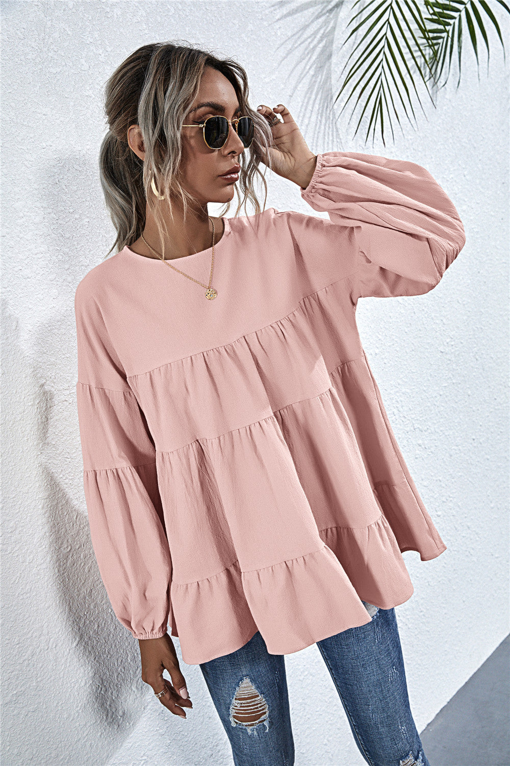 Round Neck Lantern Elastic Bubble Sleeve Blouses