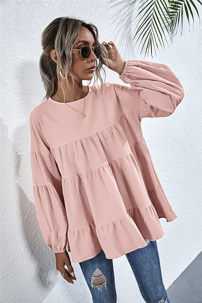 Round Neck Lantern Elastic Bubble Sleeve Blouses