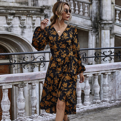 Ruffled V-neck Floral Puff Sleeve Midi Dresses