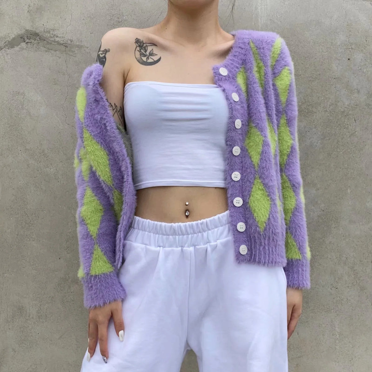 Knit Contrast Single-breasted Argyle Pattern Cardigans