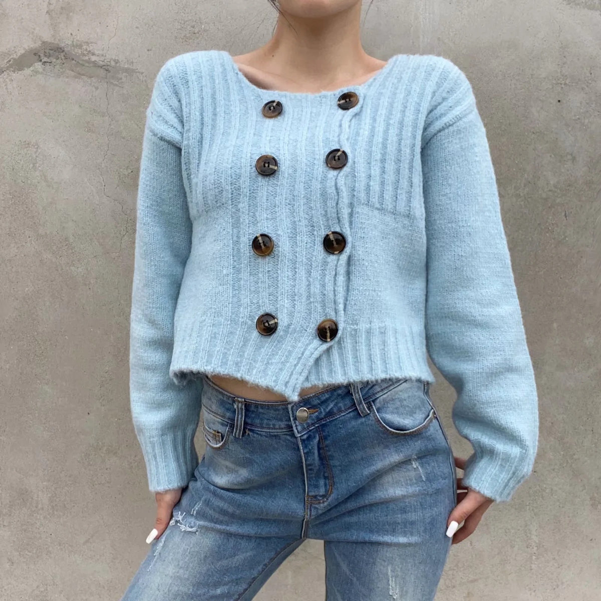 Knit Double-breasted Striped Crop Top Cardigans