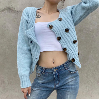 Knit Double-breasted Striped Crop Top Cardigans