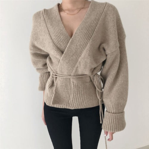 V-neck Lace-up Pit Striped Splicing Sweaters